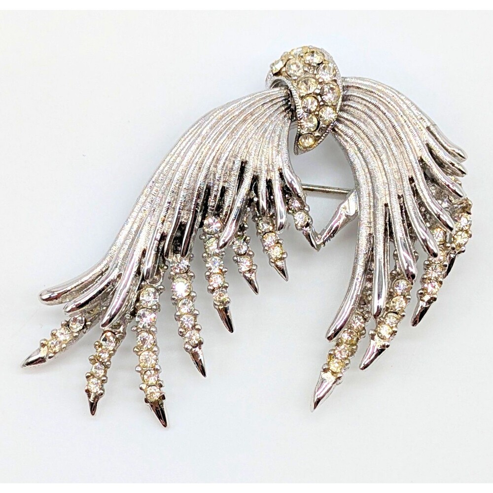 Vintage Silver Tone Clear Rhinestone Crystal Wings Brooch Pin 2.25"
